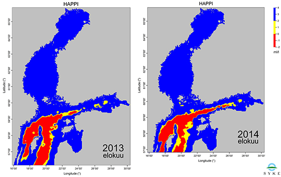 Itämeren pohjanläheinen happitilanne elokuussa 2013 ja 2014.